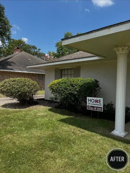 Front-porch shrubs trimmed and tidied — after