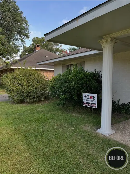 Front-porch shrubs grown wide and untidy — before